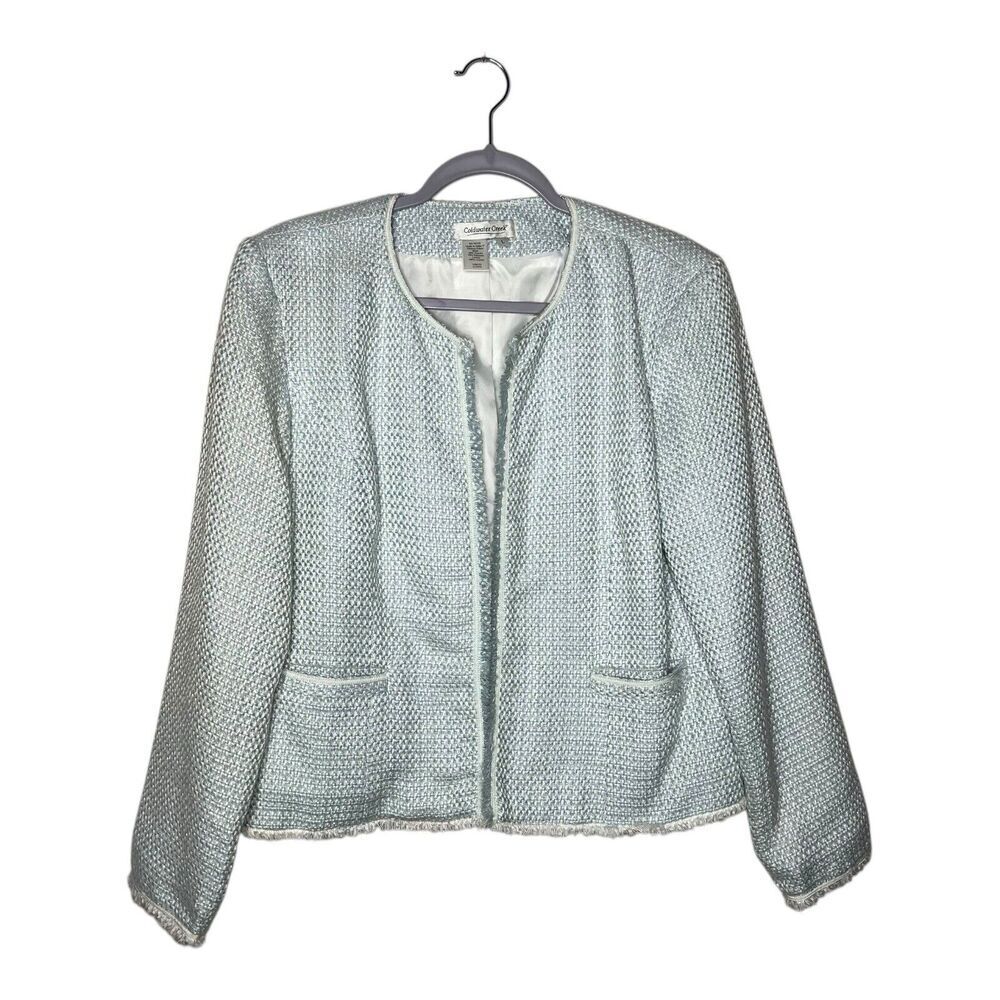 Coldwater Creek Blazer Womens Large Blue Tweed Open Front Fringe Hem Twee Jacket